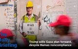 People walk past a poster by artist TVBOY depicting President Donald Trump wearing a construction worker outfit and holding a placard reading in Spanish: My Gaza is your Gaza, is posted on a street in Rome, Tuesday, Nov. 18, 2025. (Gregorio Borgia/AP PHOTO)