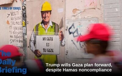 People walk past a poster by artist TVBOY depicting President Donald Trump wearing a construction worker outfit and holding a placard reading in Spanish: My Gaza is your Gaza, is posted on a street in Rome, Tuesday, Nov. 18, 2025. (Gregorio Borgia/AP PHOTO)
