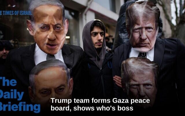 A man holds two mannequins depicting U.S. President Donald Trump and Israel's Prime Minister Benjamin Netanyahu during a rally in support of the Iranian government, in Istanbul, Turkey on January 18, 2026. (AP Photo/Emrah Gurel)