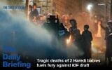Ultra-Orthodox Jewish men block a road and clash with police during a protest sparked by the deaths of two babies in an unauthorized daycare in Jerusalem, January 19, 2026. (Chaim Goldberg/Flash90)