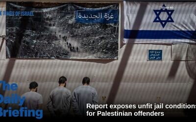 Handcuffed Hamas terrorists sit next to a picture of Palestinians walking past destroyed buildings in the Gaza Strip and an Israeli flag, in a prison in central Israel, May 6, 2025. (Chaim Goldberg/Flash90)