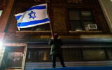 Illustrative: A pro-Israel counter-protester at an anti-Israel demonstration in a Jewish neighborhood in Boro Park, Brooklyn, February 18, 2025. (Luke Tress/Times of Israel)