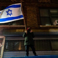 Illustrative: A pro-Israel counter-protester at an anti-Israel demonstration in a Jewish neighborhood in Boro Park, Brooklyn, February 18, 2025. (Luke Tress/Times of Israel)