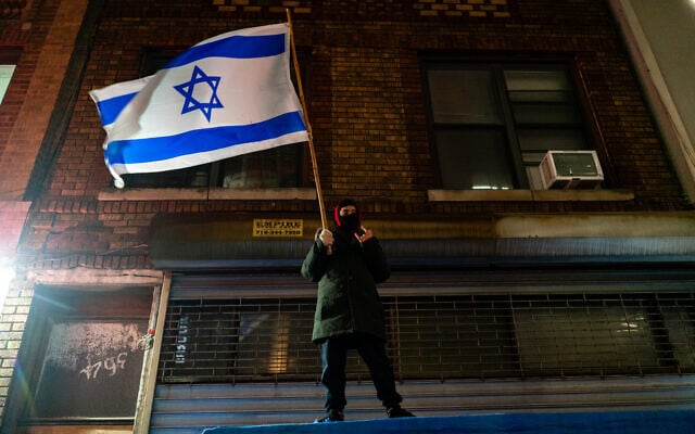 Illustrative: A pro-Israel counter-protester at an anti-Israel demonstration in a Jewish neighborhood in Boro Park, Brooklyn, February 18, 2025. (Luke Tress/Times of Israel) Illustrative: A pro-Israel counter-protester at an anti-Israel demonstration in a Jewish neighborhood in Boro Park, Brooklyn, February 18, 2025. (Luke Tress/Times of Israel)