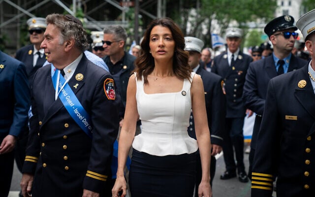 New York City Councilmember Inna Vernikov at the city's annual Israel parade, in New York City, May 18, 2025. (Luke Tress/Times of Israel)