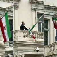 A protester removes the flag from Iran's embassy in London and replaces it with a pre-Islamic revolution flag, January 10, 2026.  (X; used in accordance with Clause 27a of the Copyright Law)
