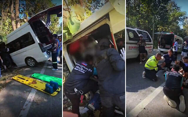 First responders attend to the site of a road accident that left six Israeli tourists injured, one of them critically, in Chiang Mai, northern Thailand, January 10, 2026. (Screen capture: Passportcard via Ynet) First responders attend to the site of a road accident that left six Israeli tourists injured, one of them critically, in Chiang Mai, northern Thailand, January 10, 2026. (Screen capture: Passportcard via Ynet)