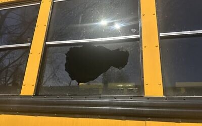 A school bus carrying third grade Jewish students after a rock smashed its window, on January 7, 2026. (New Jersey Police)