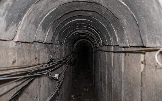 Illustrative: This picture taken on June 8, 2025, shows a tunnel at the European Hospital during an embed organized by the Israel Defense Forces, in Khan Younis in the southern Gaza Strip. (Sharon Aronowicz/AFP)