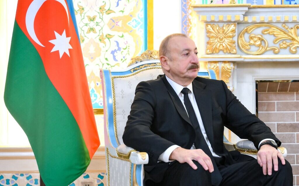 FILE: In this pool photograph distributed by the Russian state agency Sputnik, Azerbaijan's President Ilham Aliyev attends a meeting with Russia's president in Dushanbe on October 9, 2025. (Grigory SYSOYEV / POOL / AFP)