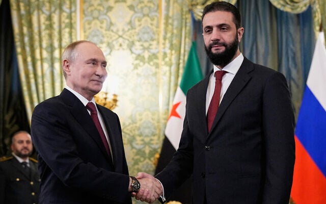Russian President Vladimir Putin and Syrian interim president Ahmed al-Sharaa shake hands during their meeting at the Grand Kremlin Palace in Moscow on October 15, 2025. (Alexander Zemlianichenko / POOL / AFP) Russian President Vladimir Putin and Syrian interim president Ahmed al-Sharaa shake hands during their meeting at the Grand Kremlin Palace in Moscow on October 15, 2025. (Alexander Zemlianichenko / POOL / AFP)