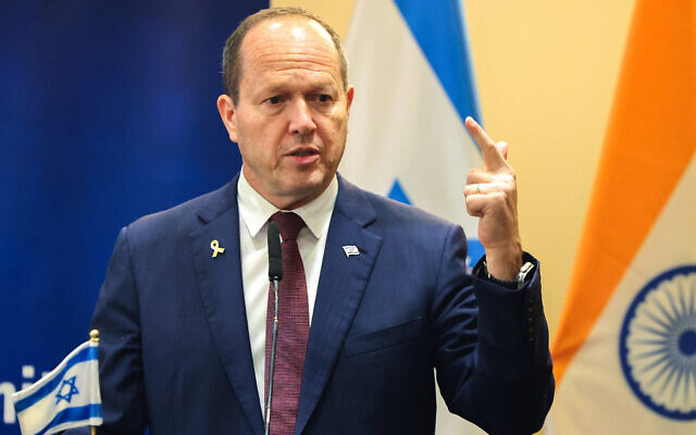 Economy Minister Nir Barkat speaks during a joint press conference with his Indian counterpart during the India-Israel Business Summit in Tel Aviv on November 20, 2025. (Photo by Jack GUEZ / AFP) Economy Minister Nir Barkat speaks during a joint press conference with his Indian counterpart during the India-Israel Business Summit in Tel Aviv on November 20, 2025. (Photo by Jack GUEZ / AFP)