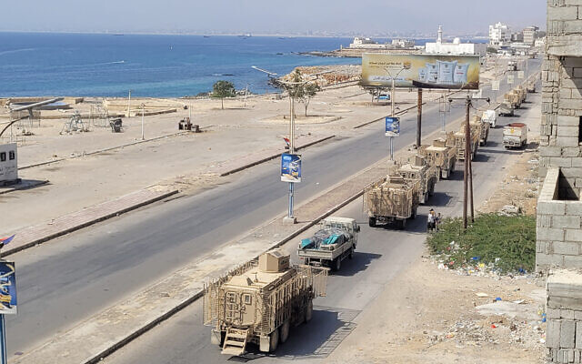 A convoy of armored vehicles makes its way along a street in the port city Mukalla, southern Yemen, on January 1, 2026. (AFP) A convoy of armored vehicles makes its way along a street in the port city Mukalla, southern Yemen, on January 1, 2026. (AFP)