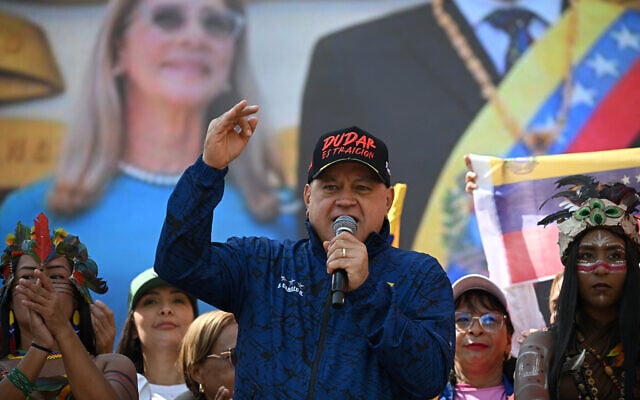 Venezuela's Interior Minister Diosdado Cabello delivers a speech during a women's rally in support of ousted Venezuelan President Nicolas Maduro and his wife Cilia Flores in Caracas on January 6, 2026. (Federico Parra/AFP)