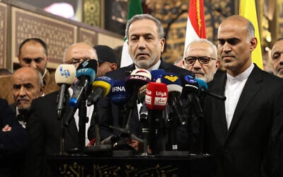 Iranian Foreign Minister Abbas Araghchi speaks to the press during a visit to the shrine of Hezbollah terror chief Hassan Nasrallah in Beirut's southern suburbs on January 8, 2026. (Anwar Amro/AFP) Iranian Foreign Minister Abbas Araghchi speaks to the press during a visit to the shrine of Hezbollah terror chief Hassan Nasrallah in Beirut's southern suburbs on January 8, 2026. (Anwar Amro/AFP)