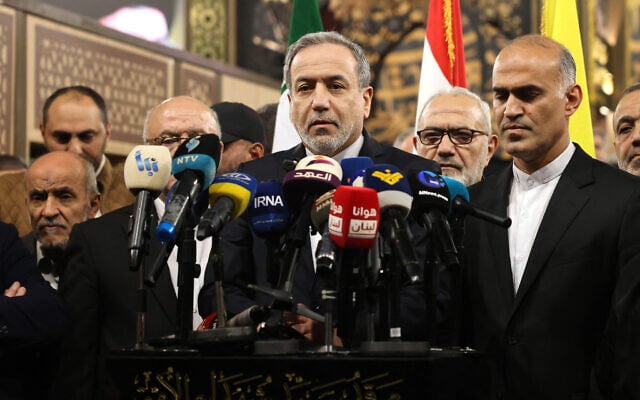 Iranian Foreign Minister Abbas Araghchi speaks to the press during a visit to the shrine of Hezbollah terror chief Hassan Nasrallah in Beirut's southern suburbs on January 8, 2026. (Anwar Amro/AFP) Iranian Foreign Minister Abbas Araghchi speaks to the press during a visit to the shrine of Hezbollah terror chief Hassan Nasrallah in Beirut's southern suburbs on January 8, 2026. (Anwar Amro/AFP)