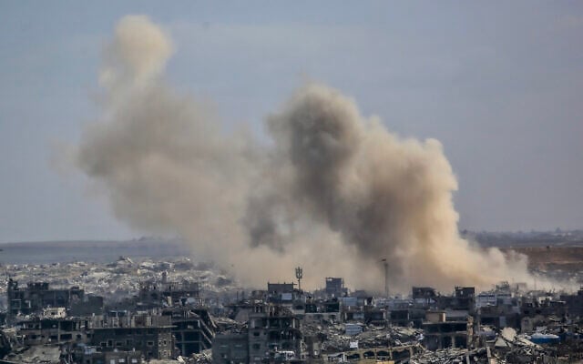 Illustrative: Plumes of smoke rise after the Israel Defense Forces carried out house demolitions east of Jabalia, in the northern Gaza Strip, on January 10, 2026. (Bashar Taleb/AFP)