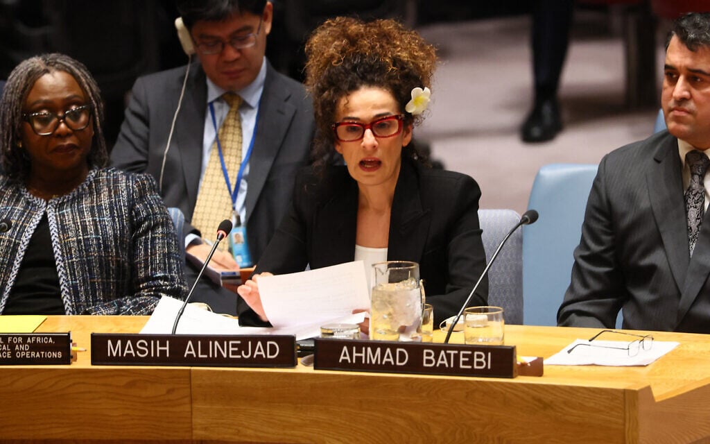 Masih Alinejad, journalist and political dissident, speaks during a United Nations Security Council meeting on the situation in Iran at the United Nations headquarters on January 15, 2026, in New York City. (Michael M. Santiago/Getty Images/AFP)