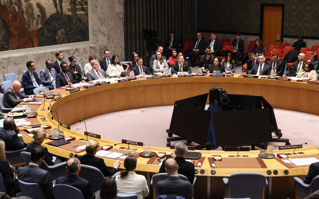 Members of the United Nations Security Council listen as Mike Waltz, US Ambassador to the UN, speaks during a meeting on the situation in Iran at the United Nations headquarters on January 15, 2026, in New York City. (Michael M. Santiago/Getty Images/AFP)