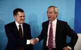 Britain's former Conservative Party Shadow Justice Secretary Robert Jenrick shakes hands with Reform UK leader, Nigel Farage, after announcing his defection to Reform, during a press conference, in central London on January 15, 2026. (Henry Nicholls/AFP)