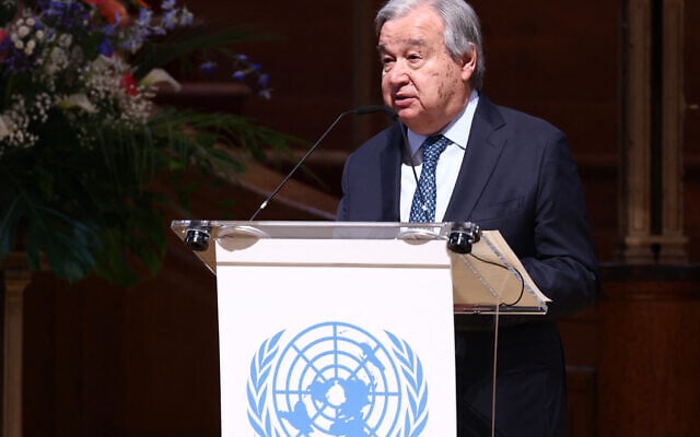 United Nations Secretary-General Antonio Guterres speaks at the UNA-UK conference to mark the 80th anniversary of the founding of the UN, at Methodist Central Hall, the site of the inaugural UN General Assembly, in London on January 17, 2026. (Toby Shepheard / AFP)