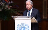 United Nations Secretary-General Antonio Guterres speaks at the UNA-UK conference to mark the 80th anniversary of the founding of the UN, at Methodist Central Hall, the site of the inaugural UN General Assembly, in London on January 17, 2026. (Toby Shepheard / AFP)