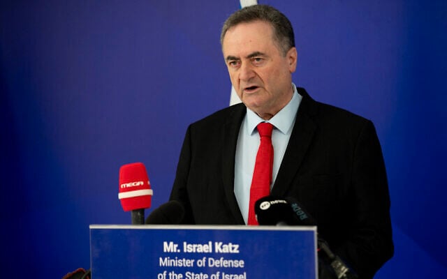 Defence Minister Israel Katz speaks during a joint press conference with his Greek counterpart in Athens on January 20, 2026. (Aggelos NAKKAS / AFP) Defence Minister Israel Katz speaks during a joint press conference with his Greek counterpart in Athens on January 20, 2026. (Aggelos NAKKAS / AFP)