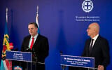 Greece's Defence Minister Nikos Dendias (R) and Defense Minister Israel Katz attend a joint press conference in Athens on January 20, 2026. (Aggelos NAKKAS / AFP)