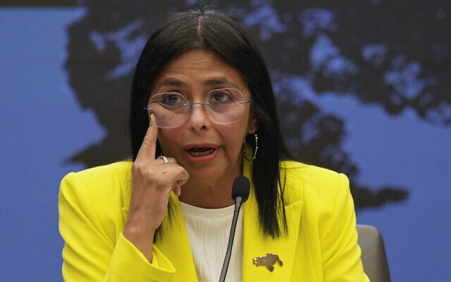 Venezuelan Vice President and Oil Minister Delcy Rodriguez gives a press conference at Miraflores presidential palace in Caracas, Venezuela, March 10, 2025. (AP Photo/Ariana Cubillos)