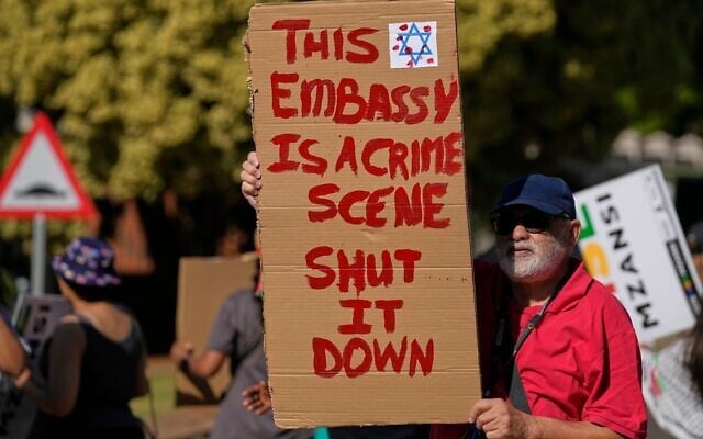 An anti-Israel activist protests outside the Israel Embassy in Pretoria, South Africa, October 3, 2025. (AP Photo/Themba Hadebe) An anti-Israel activist protests outside the Israel Embassy in Pretoria, South Africa, October 3, 2025. (AP Photo/Themba Hadebe)