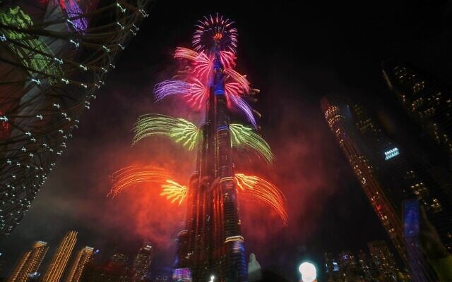 Fireworks explode around the Burj Khalifa, the world's tallest building, during New Year's Eve celebrations in Dubai, United Arab Emirates, January 1, 2026. (AP/Fatima Shbair) Fireworks explode around the Burj Khalifa, the world's tallest building, during New Year's Eve celebrations in Dubai, United Arab Emirates, January 1, 2026. (AP/Fatima Shbair)