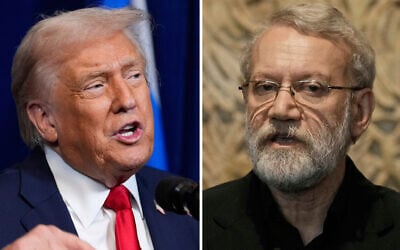 This composite shows President Donald Trump (left) at Mar-a-Lago, December 29, 2025, in Palm Beach, Florida, and Iranian Secretary of Supreme National Security Council Ali Larijani in Beirut, Lebanon, August 13, 2025. (AP/Alex Brandon, Bilal Hussein) This composite shows President Donald Trump (left) at Mar-a-Lago, December 29, 2025, in Palm Beach, Florida, and Iranian Secretary of Supreme National Security Council Ali Larijani in Beirut, Lebanon, August 13, 2025. (AP/Alex Brandon, Bilal Hussein)