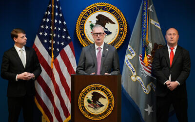 FBI Special Agent James C. Barnacle, Jr. (center) US Attorney for Western District of North Carolina Russ Ferguson (right) and Mint Hill Police Department Chief Joseph Hatley give a press conference, January 2, 2026, in Charlotte, North Carolina. (AP/Erik Verduzco)