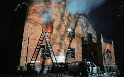 A residential building burns after a Russian strike in Kyiv, Ukraine, January 9, 2026. (AP Photo/Efrem Lukatsky)