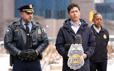 Minneapolis Mayor Jacob Frey holds a news conference as Police Chief Brian O'Hara listens, on January 10, 2026, in Minneapolis. (AP Photo/Jen Golbeck)