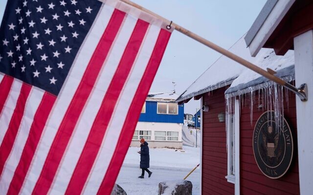 An American flag is displayed on the facade of the US consulate in Nuuk, Greenland, January 14, 2026. (Evgeniy Maloletka/AP) An American flag is displayed on the facade of the US consulate in Nuuk, Greenland, January 14, 2026. (Evgeniy Maloletka/AP)