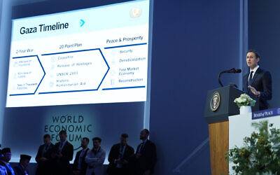 Jared Kushner speaks after the signing of a Board of Peace charter during the Annual Meeting of the World Economic Forum in Davos, Switzerland, January 22, 2026. (AP/Evan Vucci)