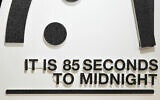 The Doomsday Clock of the Bulletin of the Atomic Scientists, set at 85 seconds to midnight, is displayed during a news conference at the Carnegie Endowment for International Peace, January 23, 2026, in Washington, DC. (AP/Pablo Martinez Monsivais)