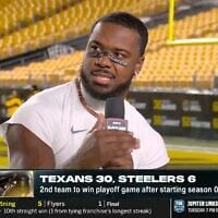 NFL player Azeez Al-Shaair, a longtime pro-Palestinian advocate, in a postgame interview, January 12, 2026. (Screenshot via YouTube/ via JTA)