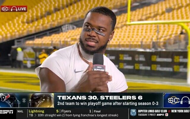 NFL player Azeez Al-Shaair, a longtime pro-Palestinian advocate, in a postgame interview, January 12, 2026. (Screenshot via YouTube/ via JTA)