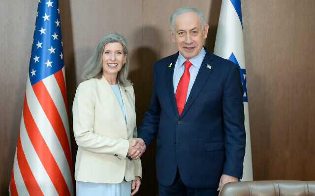 Prime Minister Benjamin Netanyahu (R) meets with US Senator Joni Ernst, an Iowa Republican, in Jerusalem, January 23, 2025. (Maayan Toaf/GPO) Prime Minister Benjamin Netanyahu (R) meets with US Senator Joni Ernst, an Iowa Republican, in Jerusalem, January 23, 2025. (Maayan Toaf/GPO)