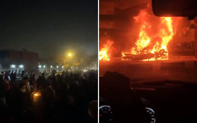 Iranian protesters seen marching and torching regime-owned vehicles, statues and structures in Tehran on January 8, 2026. (X; used in accordance with Clause 27a of the Copyright Law)
