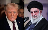 US President Donald Trump (left) speaks to reporters while in flight on Air Force One to Joint Base Andrews, Maryland, on January 11, 2026. (AP/Julia Demaree Nikhinson); Iranian supreme leader, Ayatollah Ali Khamenei speaks in a meeting, in Tehran, Iran, January 3, 2026. (Office of the Iranian Supreme Leader via AP)