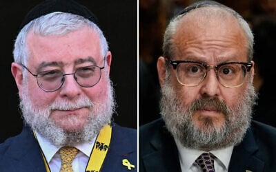 Rabbi Pinchas Goldschmidt (left) seen after receiving the International Charlemagne Prize of Aachen 2024 (Karlspreis) on May 9, 2024, in Aachen, western Germany. (Ina Fassbender/AFP); Rabbi Yehuda Kaploun arrives at a US Senate Foreign Relations Committee confirmation hearing on his nomination to be the special envoy to monitor and combat antisemitism, November 19, 2025, on Capitol Hill in Washington. (AP Photo/Julia Demaree Nikhinson)