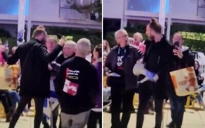 Screen capture from video of an altercation at an anti-government rally in Tel Aviv where a protester was attack with pepper spray, January 10, 2026. (Channel 12 screenshot)
