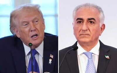US President Donald Trump (left) speaks during a meeting with oil executives in the East Room of the White House, January 9, 2026, in Washington. (AP/Evan Vucci); Reza Pahlavi, an Iranian opposition figure and son of the deposed shah, holds a press conference in Paris on June 23, 2025. (Joel Saget/ AFP) US President Donald Trump (left) speaks during a meeting with oil executives in the East Room of the White House, January 9, 2026, in Washington. (AP/Evan Vucci); Reza Pahlavi, an Iranian opposition figure and son of the deposed shah, holds a press conference in Paris on June 23, 2025. (Joel Saget/ AFP)