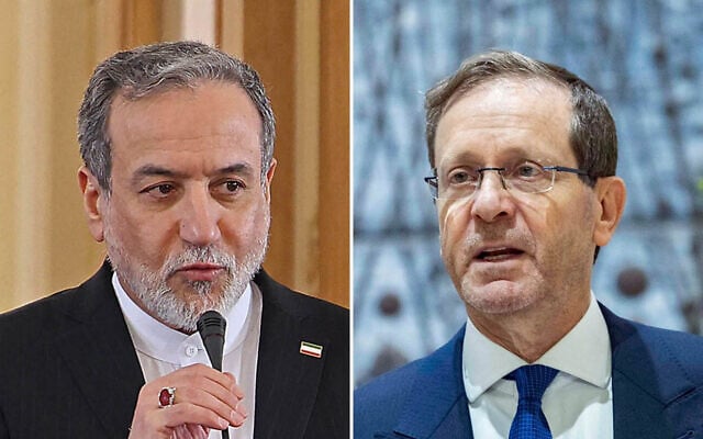 Iranian Foreign Minister Abbas Araghchi (left) attends a joint press conference with his Iraqi counterpart Fuad Hussein, in Tehran, Iran, on January 18, 2026. (ATTA KENARE / AFP); President Isaac Herzog speaks during a ceremony marking the lighting of the first Hanukkah candle at the President’s Residence in Jerusalem, on December 14, 2025. (Chaim Goldberg/Flash90) Iranian Foreign Minister Abbas Araghchi (left) attends a joint press conference with his Iraqi counterpart Fuad Hussein, in Tehran, Iran, on January 18, 2026. (ATTA KENARE / AFP); President Isaac Herzog speaks during a ceremony marking the lighting of the first Hanukkah candle at the President’s Residence in Jerusalem, on December 14, 2025. (Chaim Goldberg/Flash90)