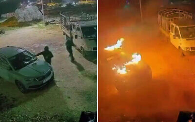 Footage posted to social media allegedly shows Israeli settlers burning two vehicles north of Ramallah, early on January 25, 2026. (Screenshots/X; used in accordance with Clause 27a of the Copyright Law)