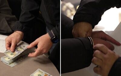 Screen captures from video of police counting cash as they arrest suspects in an alleged soccer match-fixing case, January 26, 2026. (Israel Police)