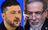 Ukrainian President Volodymyr Zelensky (left) at the World Economic Forum in Davos, Switzerland, January 22, 2026. (Fabrice Coffrini/AFP); Iranian Foreign Minister Abbas Araghchi (right) in Moscow, Russia, December 17, 2025. (Ramil Stidikov/Pool/AFP)